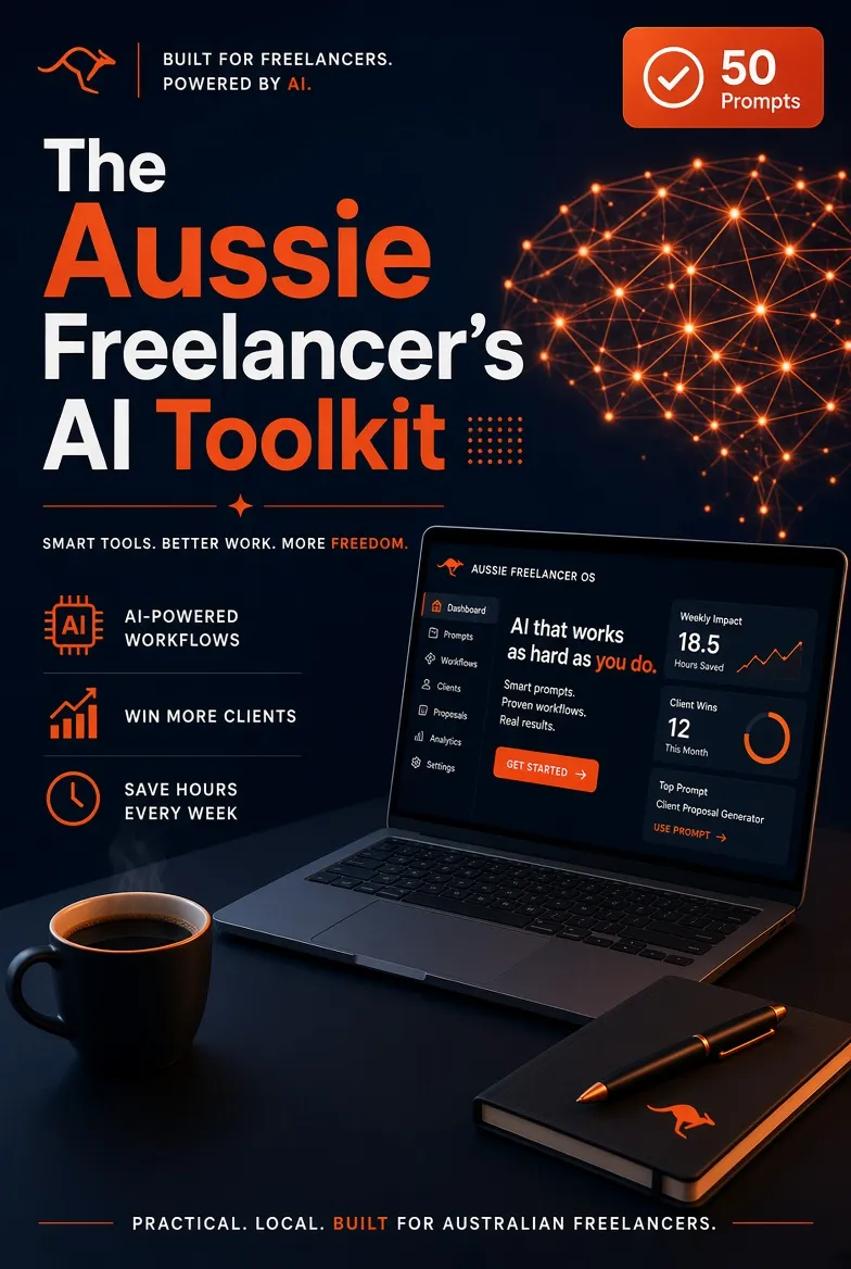 Cover of The Aussie Freelancer's AI Toolkit - 50 Prompts, a ChatGPT prompt pack for Australian freelancers and small business owners