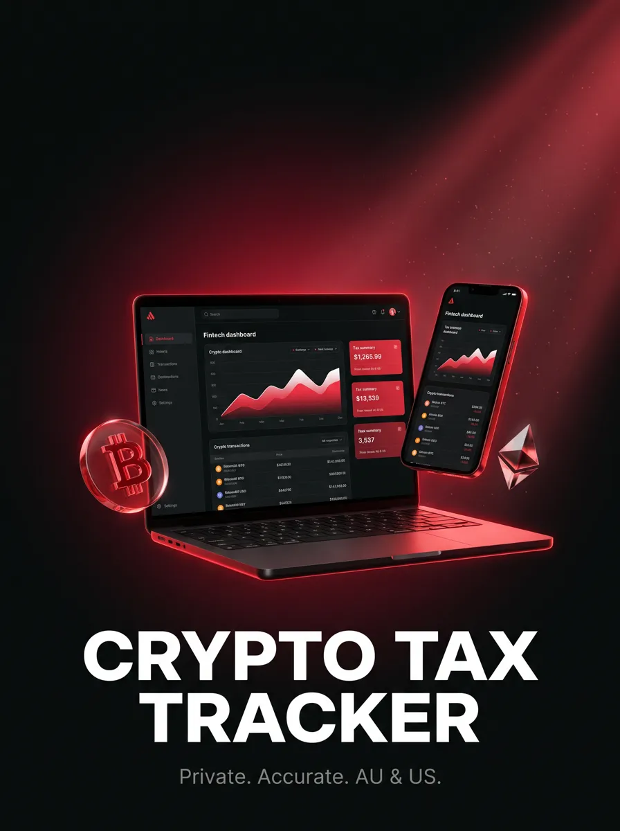 Crypto Tax Tracker illustration showing a dark dashboard on a laptop and phone