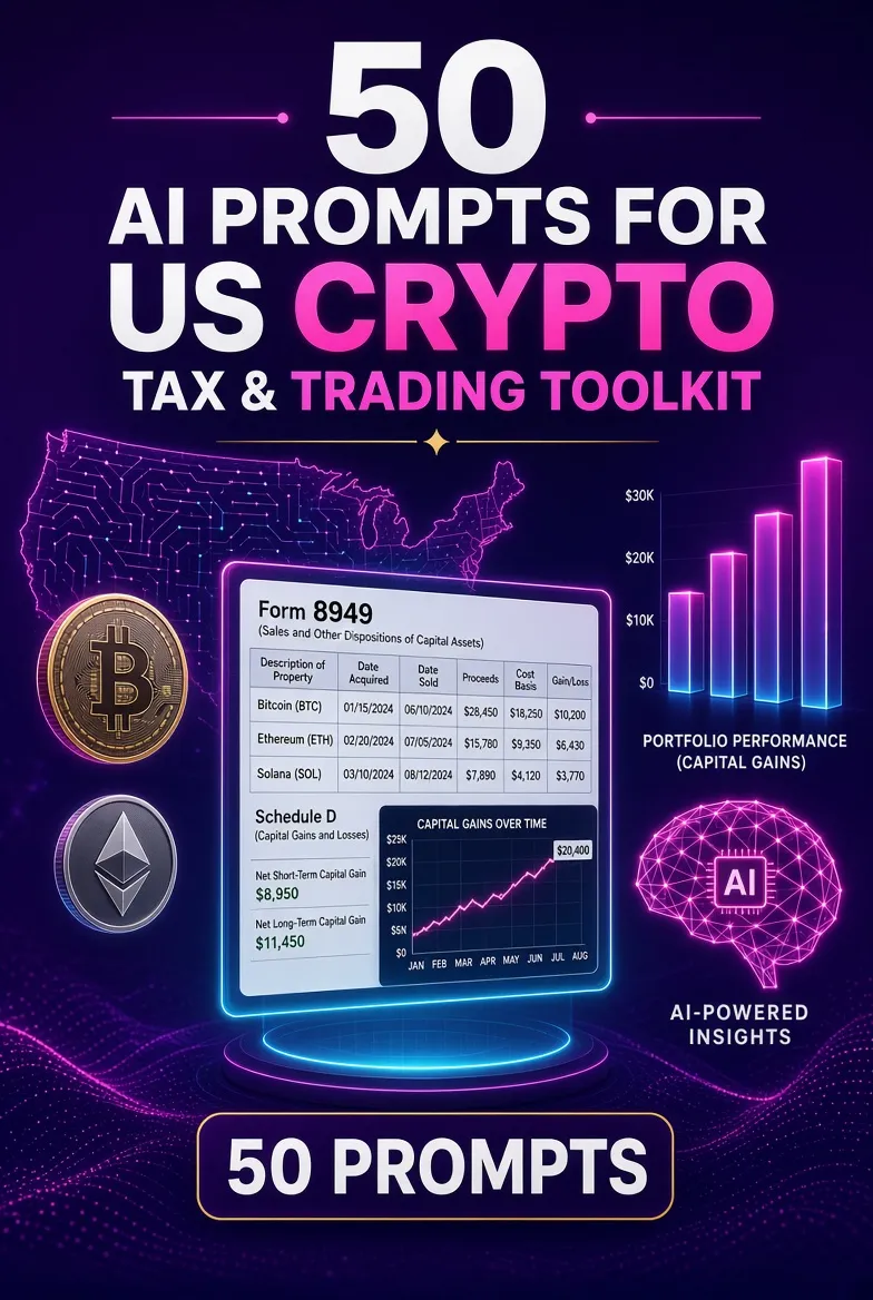 Cover of 50 AI Prompts for US Crypto Tax & Trading Toolkit, a ChatGPT prompt pack for US crypto traders